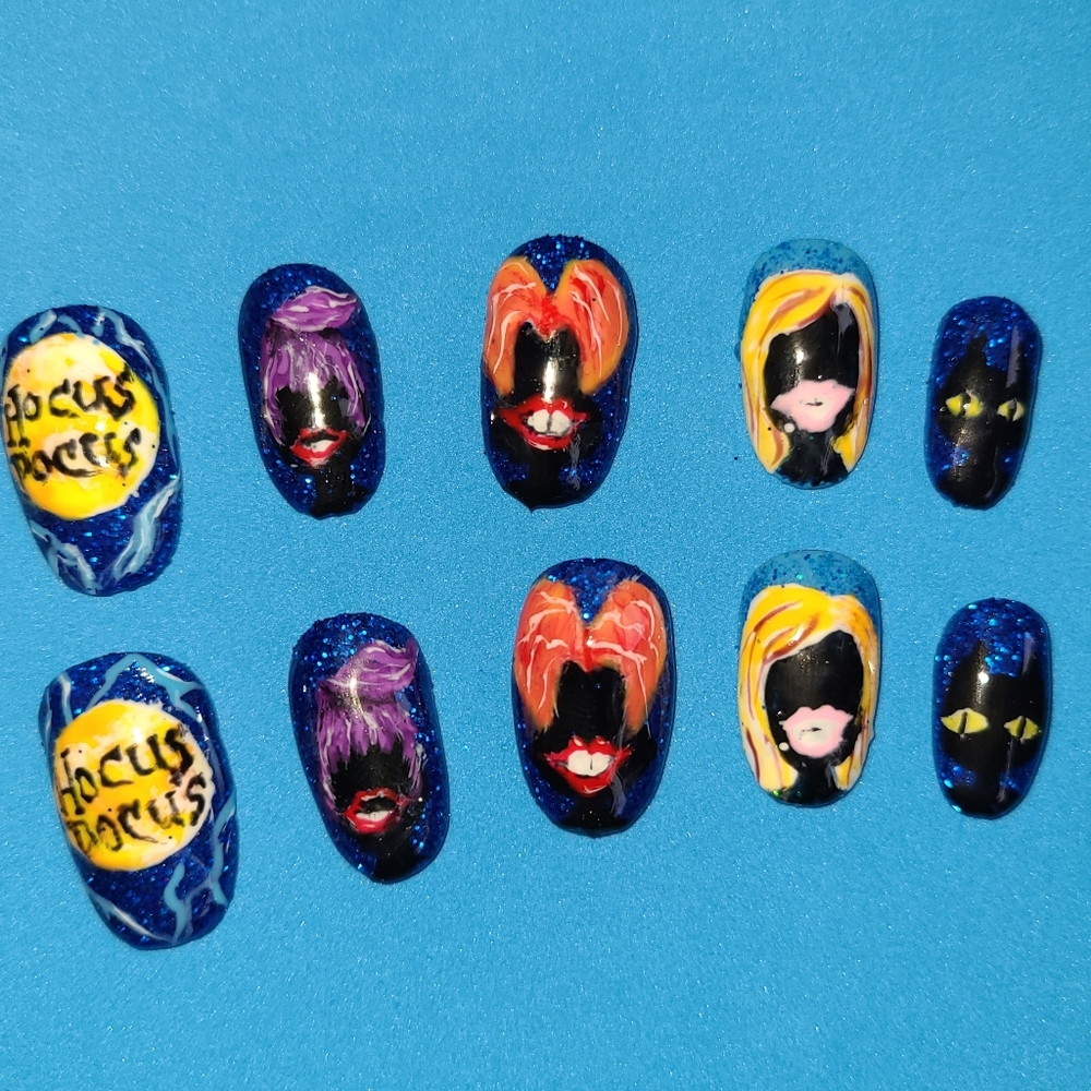 Hocus Pocus hand painted - gel cured - press on or glue on nails
